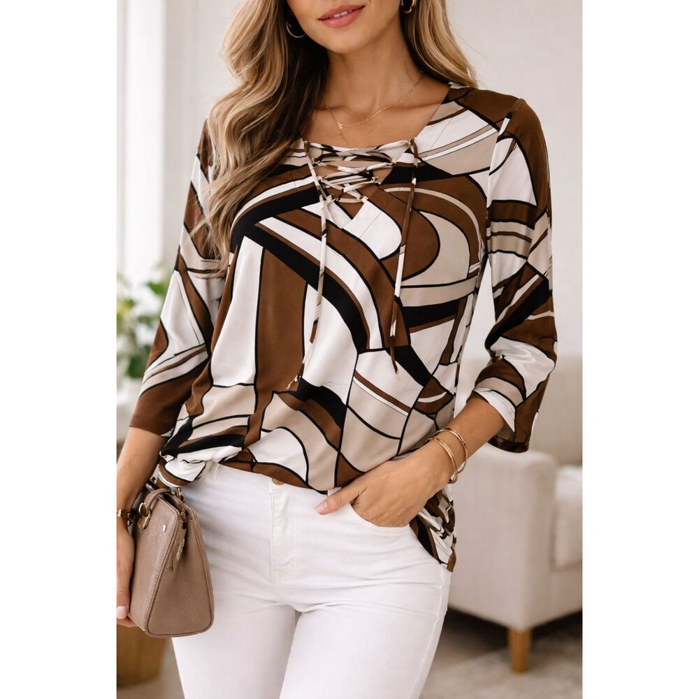 Chico’s Size 1 Abstract Print Lace-Up Brown Black Cream 3/4 Sleeve Stretch Top